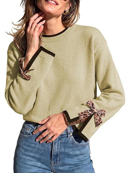 Women Crew Neck Contrast Trim Pullover Sweater With Leopard Print Bow Cuffs