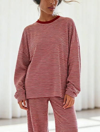 Striped Crew Neck Split Hem Top & Pants Two Piece Set
