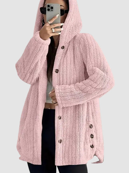 Side Slit Button Hooded Plush Outerwear