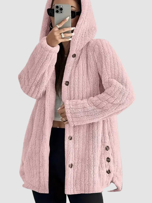 Side Slit Button Hooded Plush Outerwear
