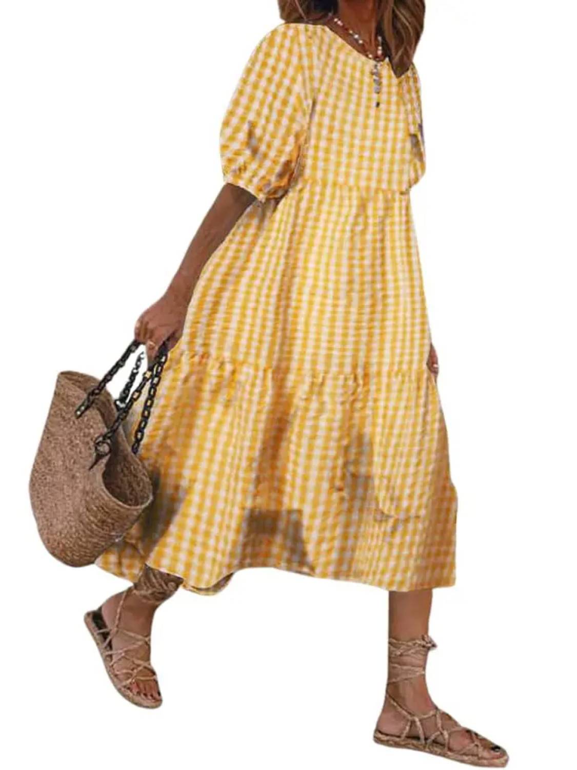 ⏰Hot Sale-Women's Retro Lantern Puff Sleeve Plaid Tiered Dress