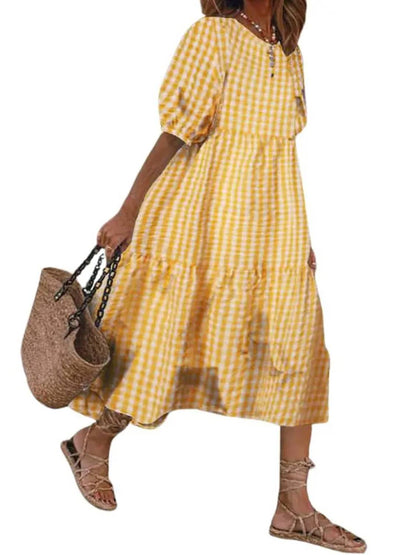 ⏰Hot Sale-Women's Retro Lantern Puff Sleeve Plaid Tiered Dress
