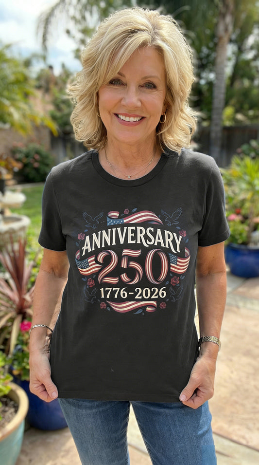 America 250th Anniversary Flag & Rose Graphic T-Shirt