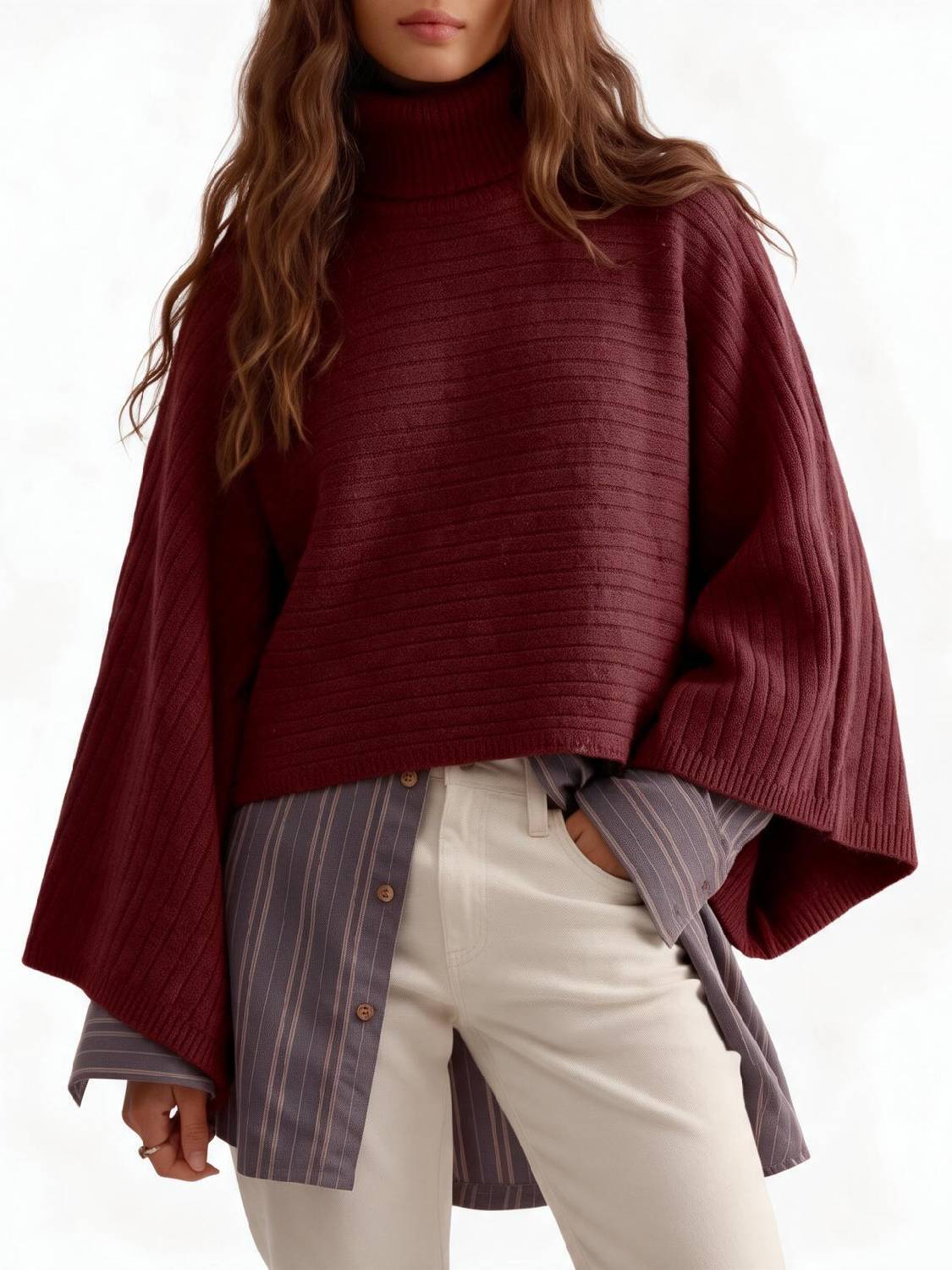 Women Turtleneck Funnel-Neck Poncho Soft Chunky Ribbed Knit Sweater