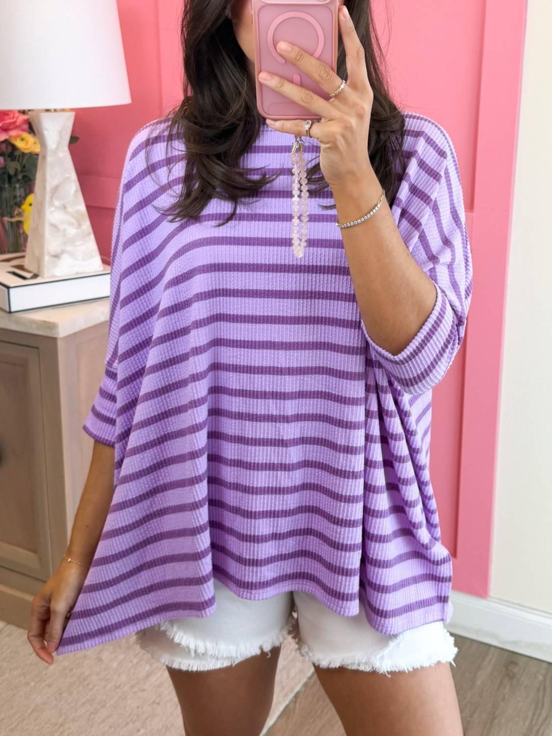 Women's Striped Ribbed Oversized 3/4 Sleeve Top