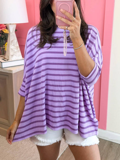 Women's Striped Ribbed Oversized 3/4 Sleeve Top