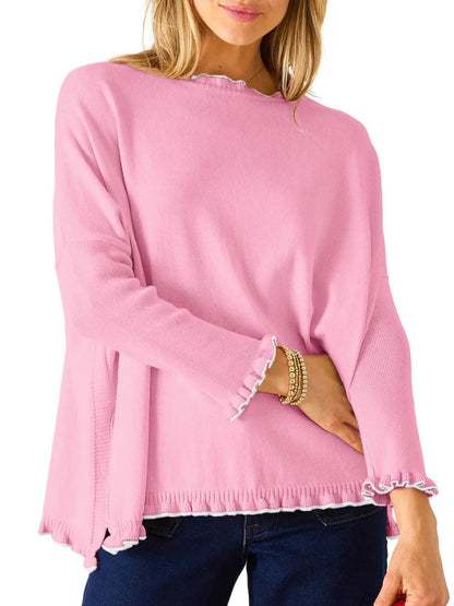 Women's Long Sleeve Contrast Color Ruffle Hem Knit Top