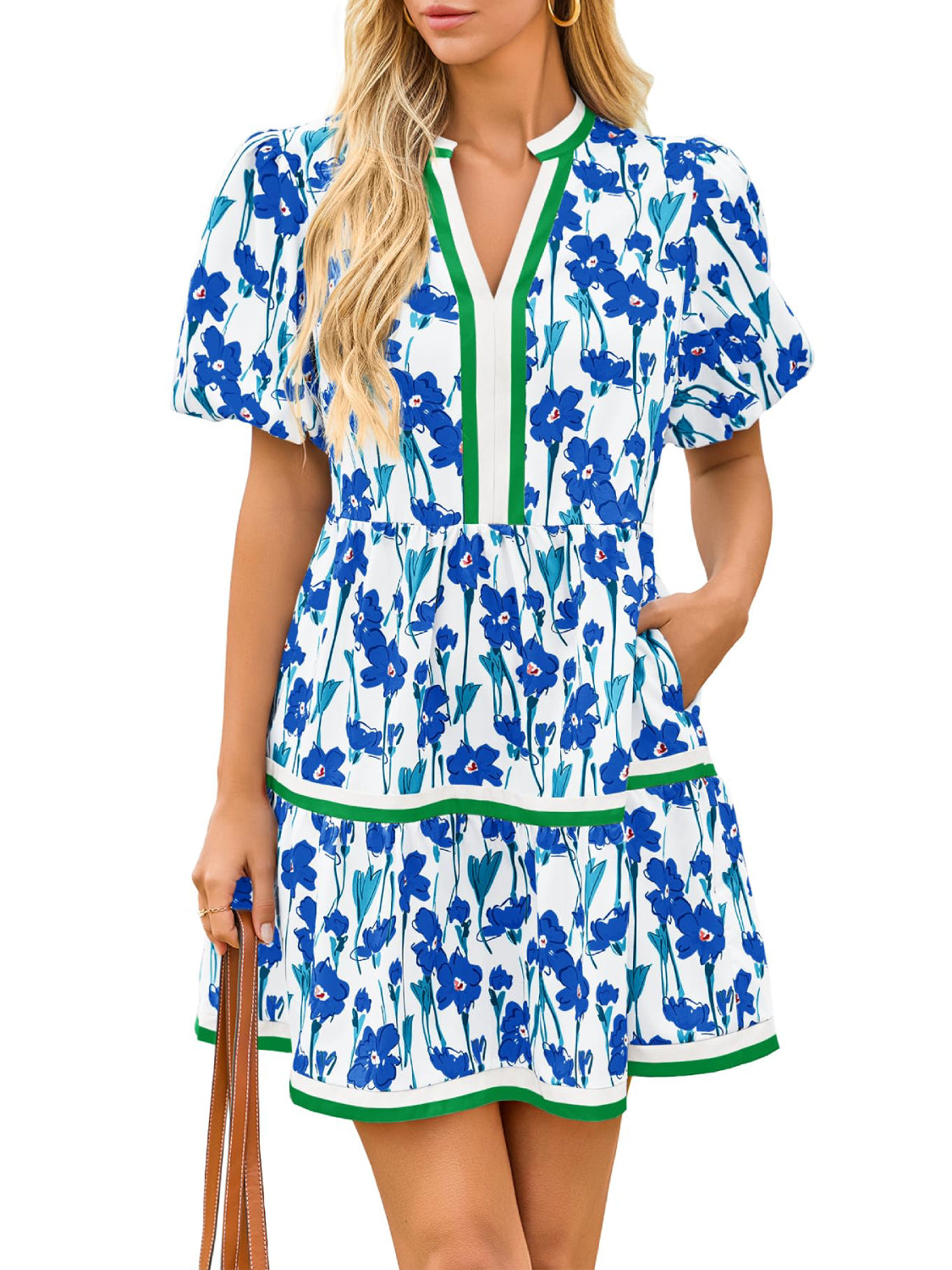 Womens V Neck Short Puff Sleeve Patchwork Floral Mini Dress