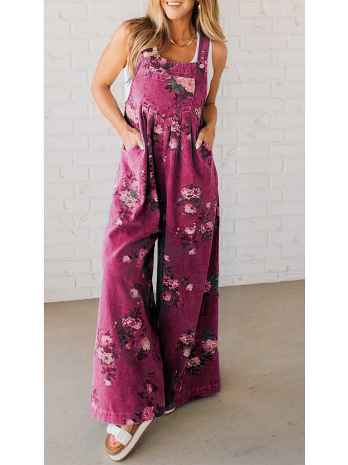 Women's Floral Print Trendy High Waist Wide Leg Denim Jumpsuit