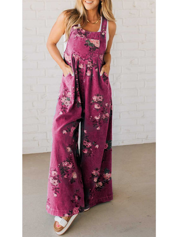 Women's Floral Print Trendy High Waist Wide Leg Denim Jumpsuit