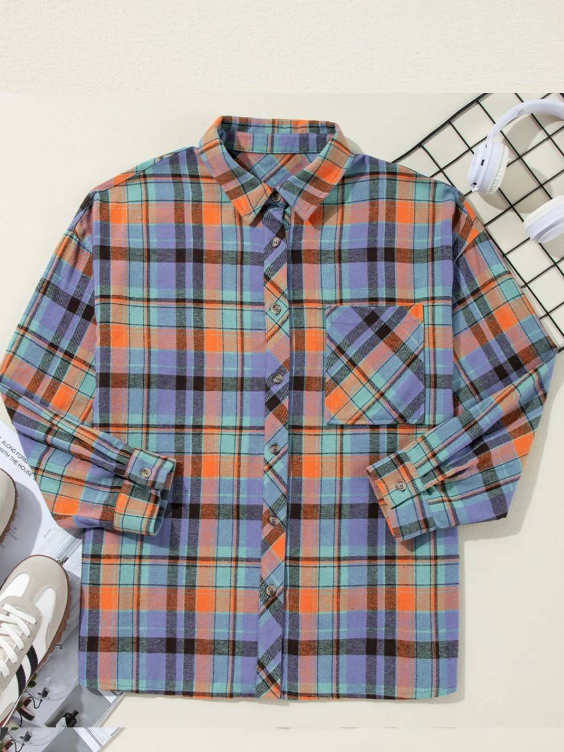 Women Casual Plaid Print Loose Vintage Button Up Cotton Long Sleeve Blouses Tops