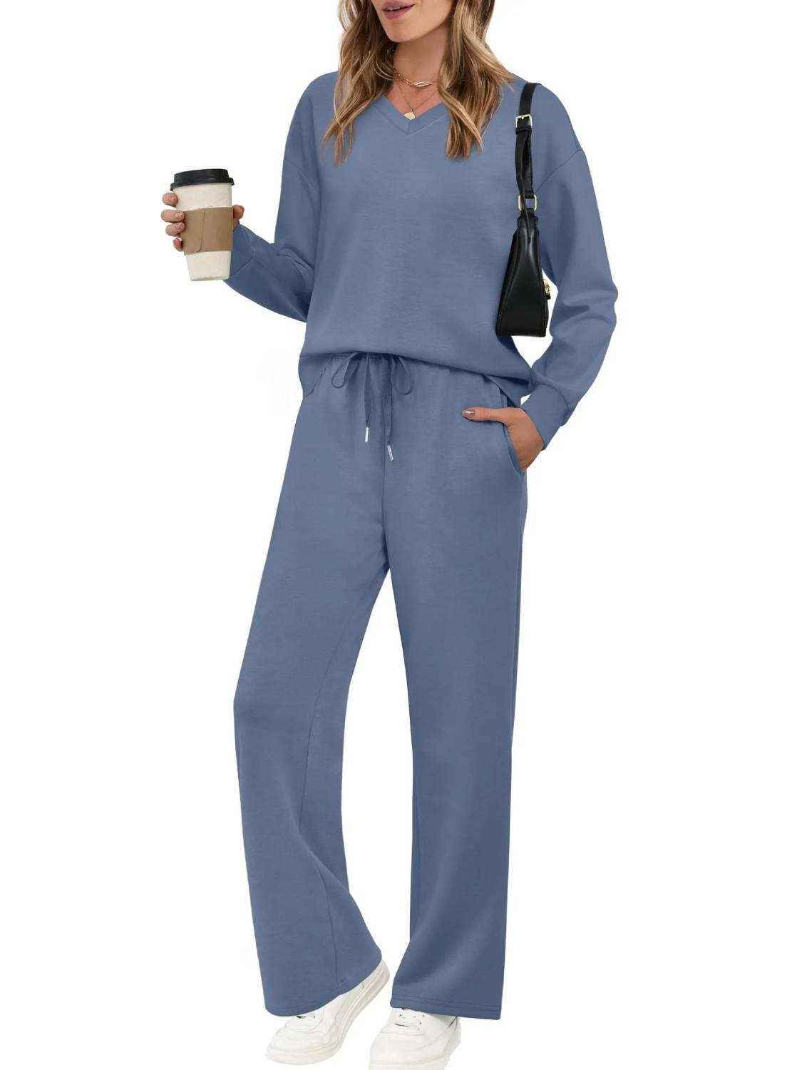 Women V Neck Airport Wide Leg Pants 2 Piece Sets