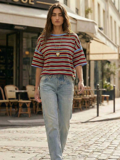 ⏰Hot Sale-Womens Oversized Striped T-Shirts Summer Casual Color