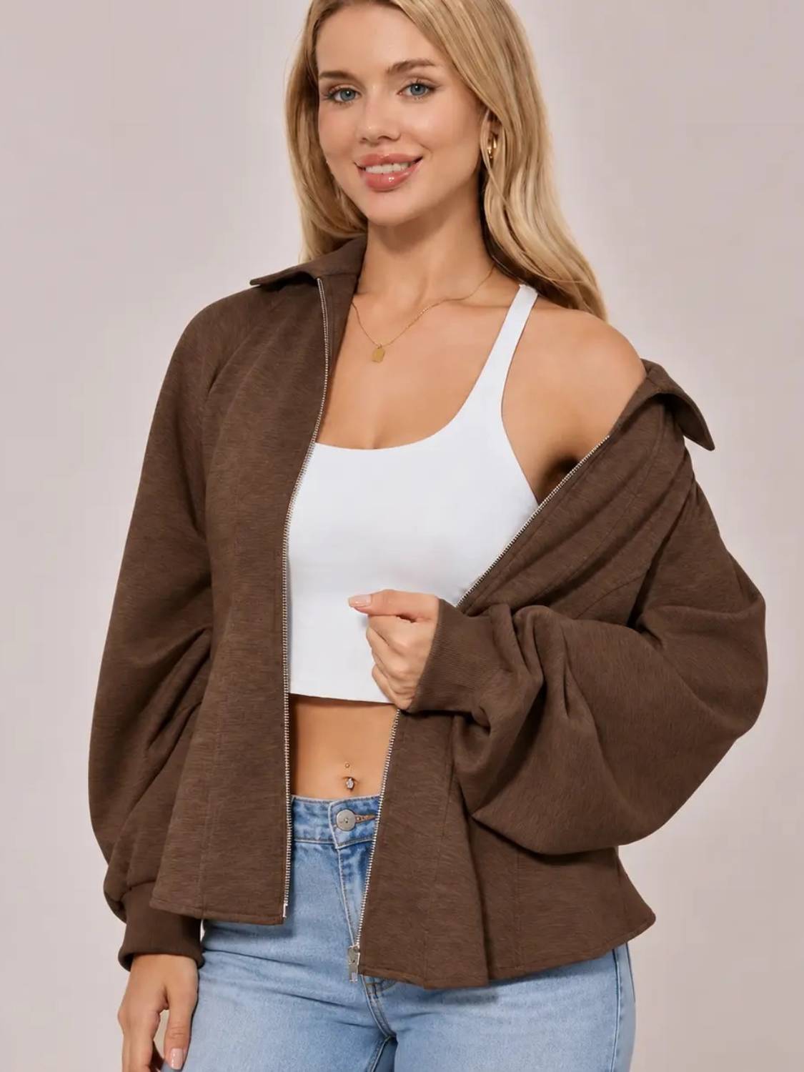 Women's Zip Up Ruched Sleeve Peplum Hem Jacket