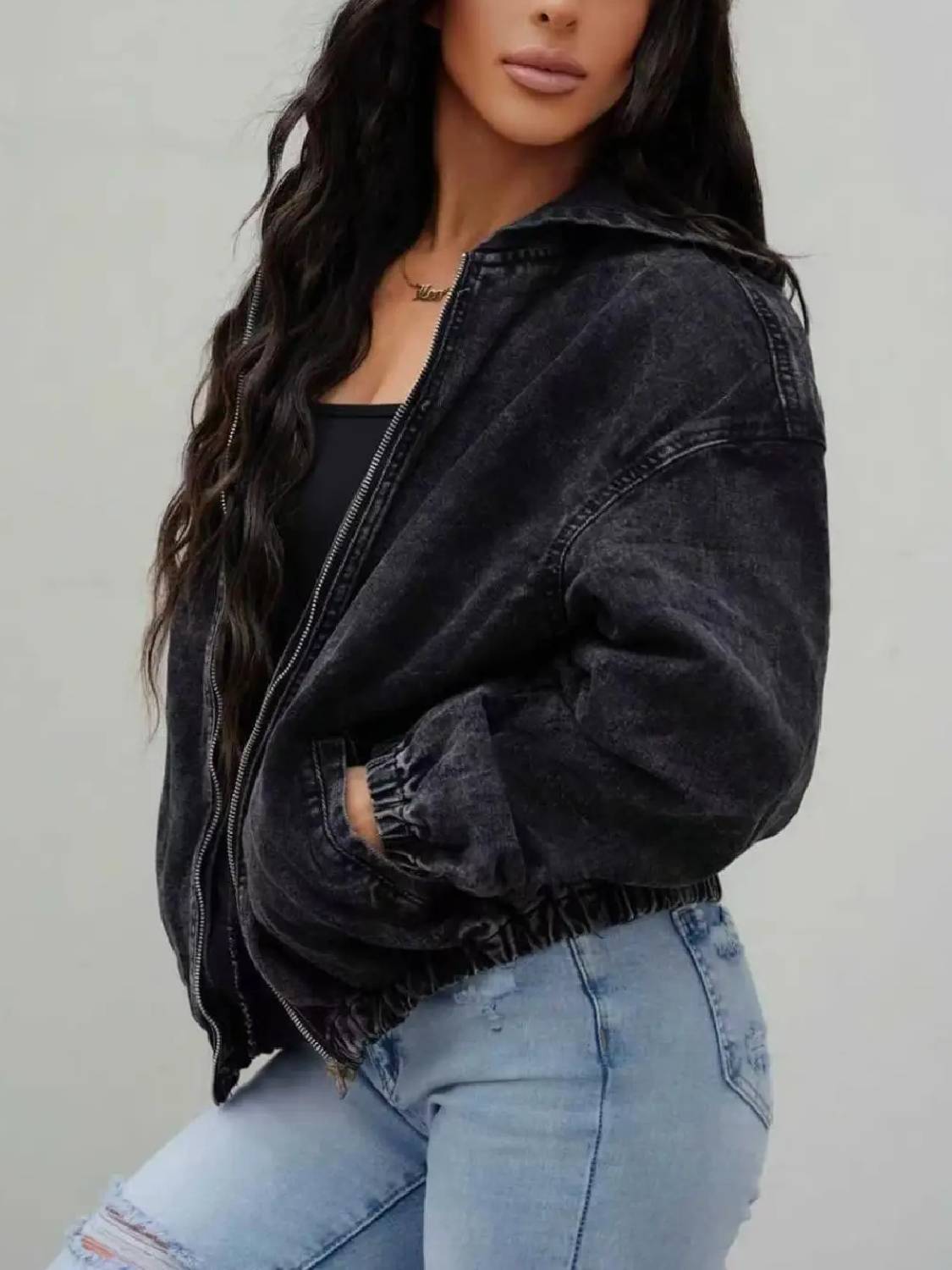 Women's Vintage Washed-Black Hooded Denim Jacket