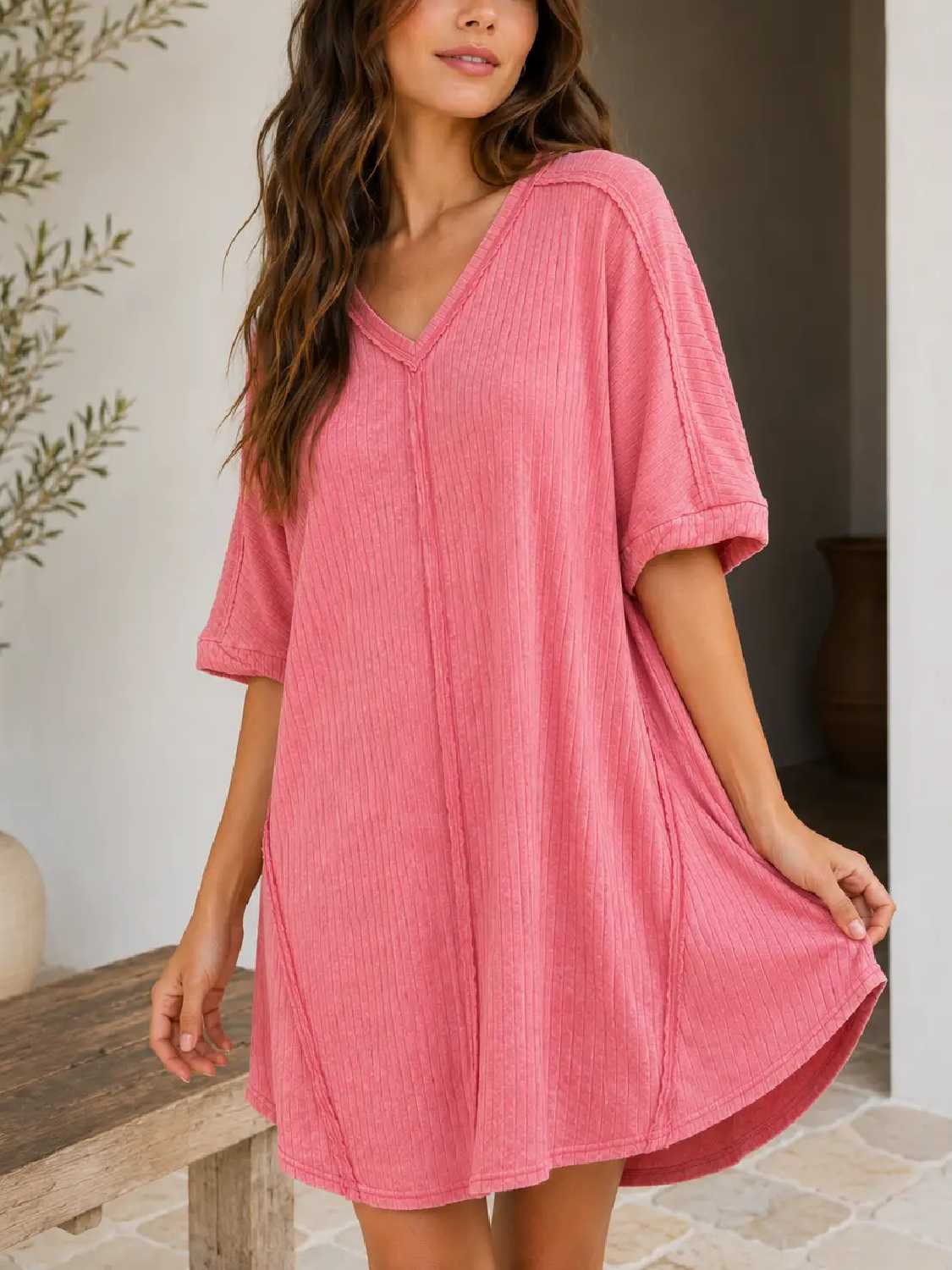 Women's Casual Ribbed Acid Washed Dress