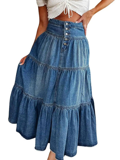 Women's Thick Chic High-Waisted A-Line Cowboy Denim Skirt