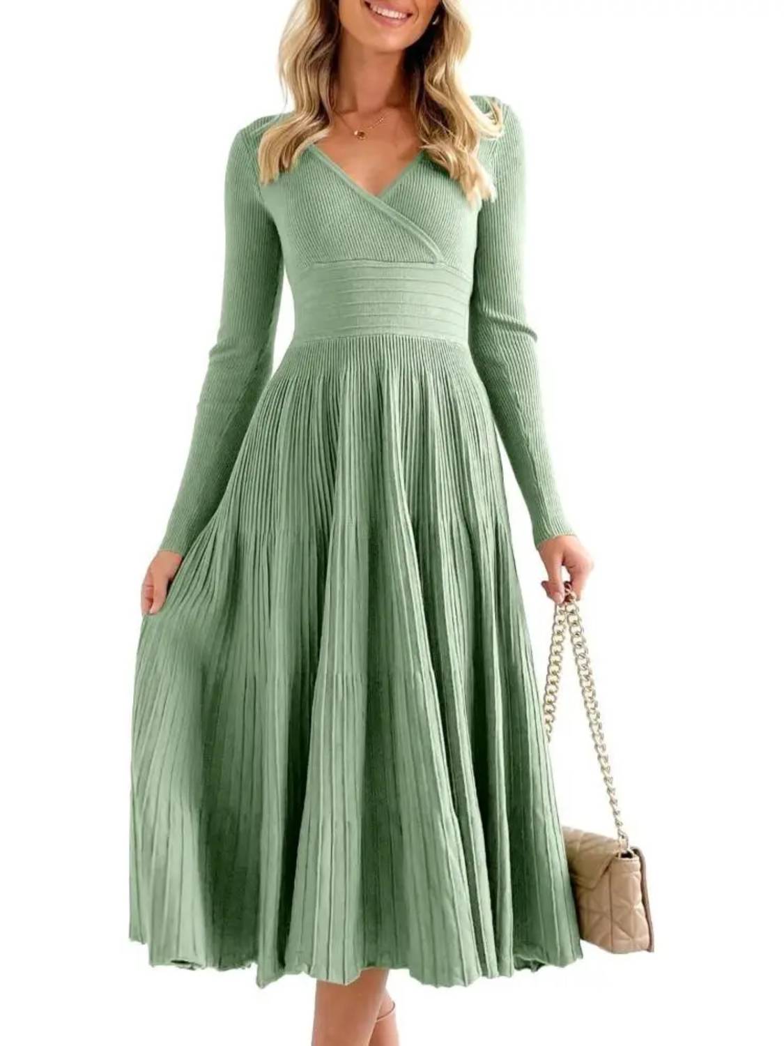 Womens Longsleeve Wrap V-Neck A-Line Sweater Dress
