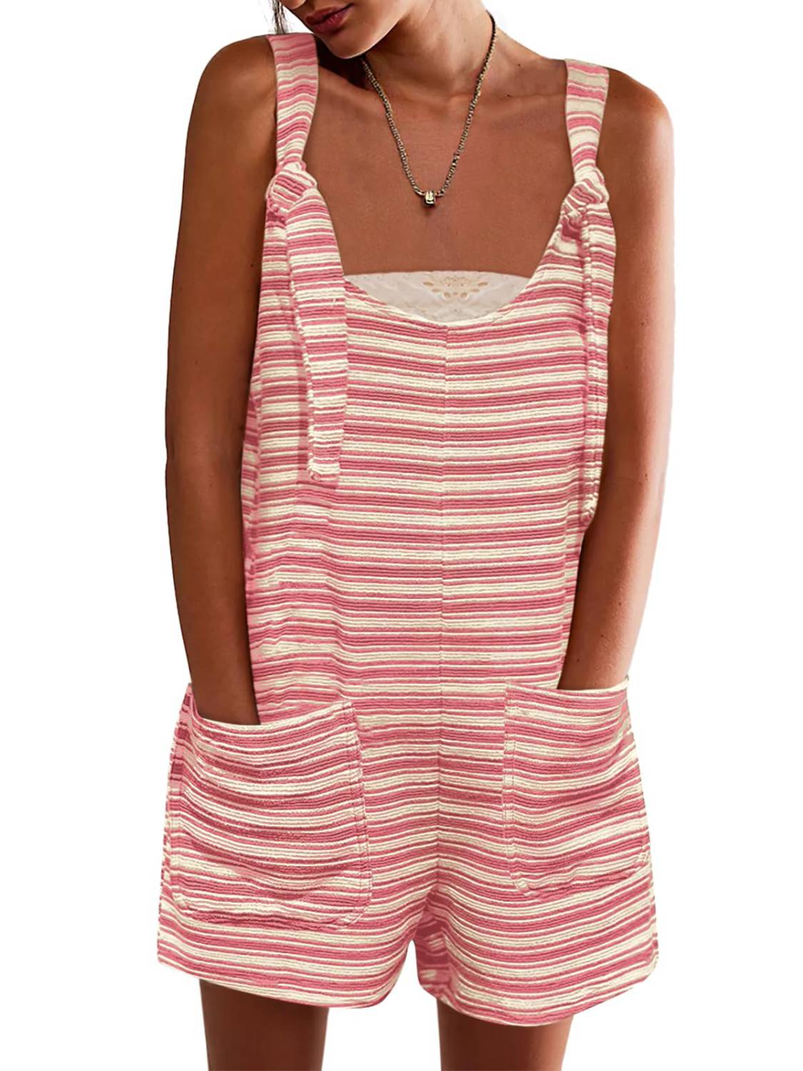 Womens Casual Loose Striped Tied Shorts Overalls Jumpsuit with Pockets