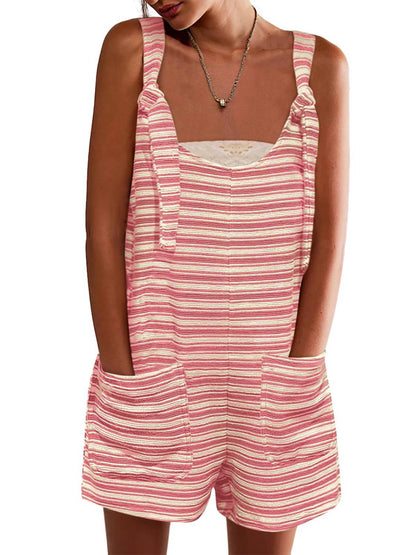 Womens Casual Loose Striped Tied Shorts Overalls Jumpsuit with Pockets