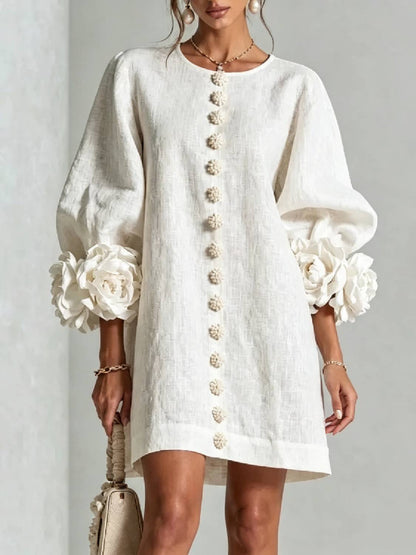 Women's Elegant Floral Cuff Puff Sleeve Linen Mini Dress