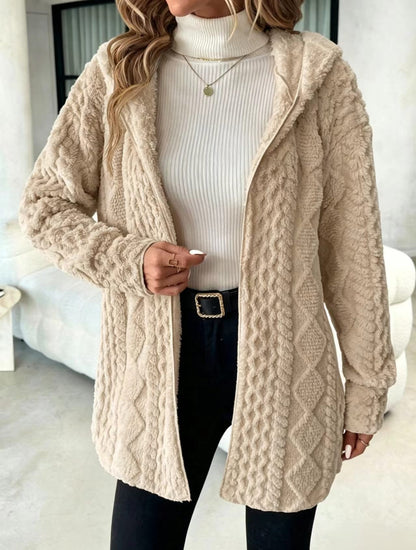 Women's Hooded Cable Texture Fleece Lined Cardigan