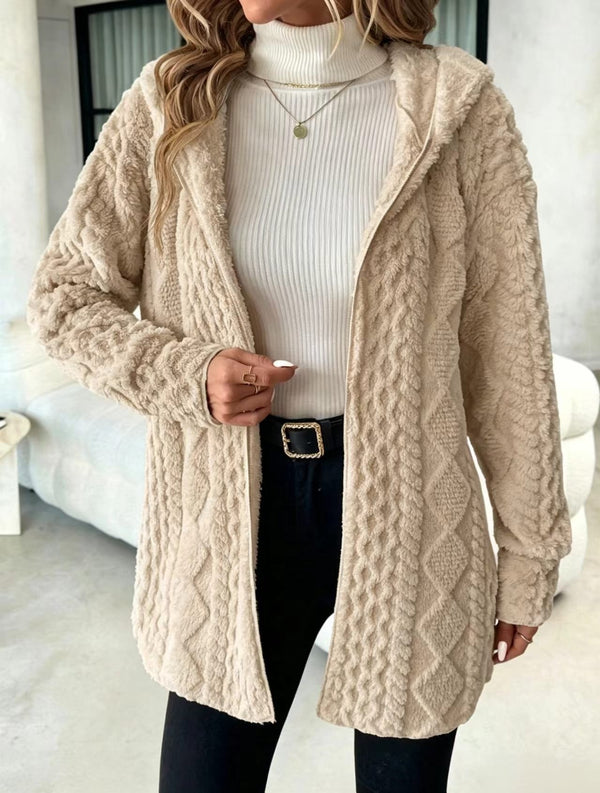 Women's Hooded Cable Texture Fleece Lined Cardigan