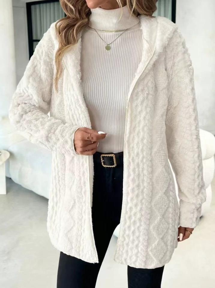 Women's Hooded Cable Texture Fleece Lined Cardigan