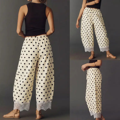 Polka Dot Lace Hem Elastic Waist Wide Leg Crop Pants