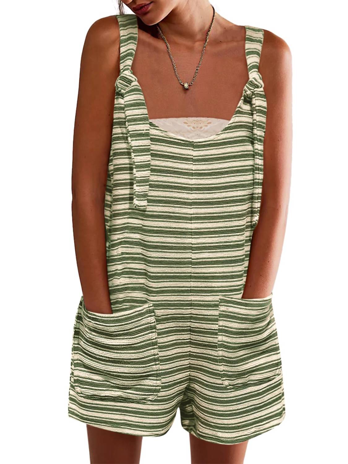 Womens Casual Loose Striped Tied Shorts Overalls Jumpsuit with Pockets