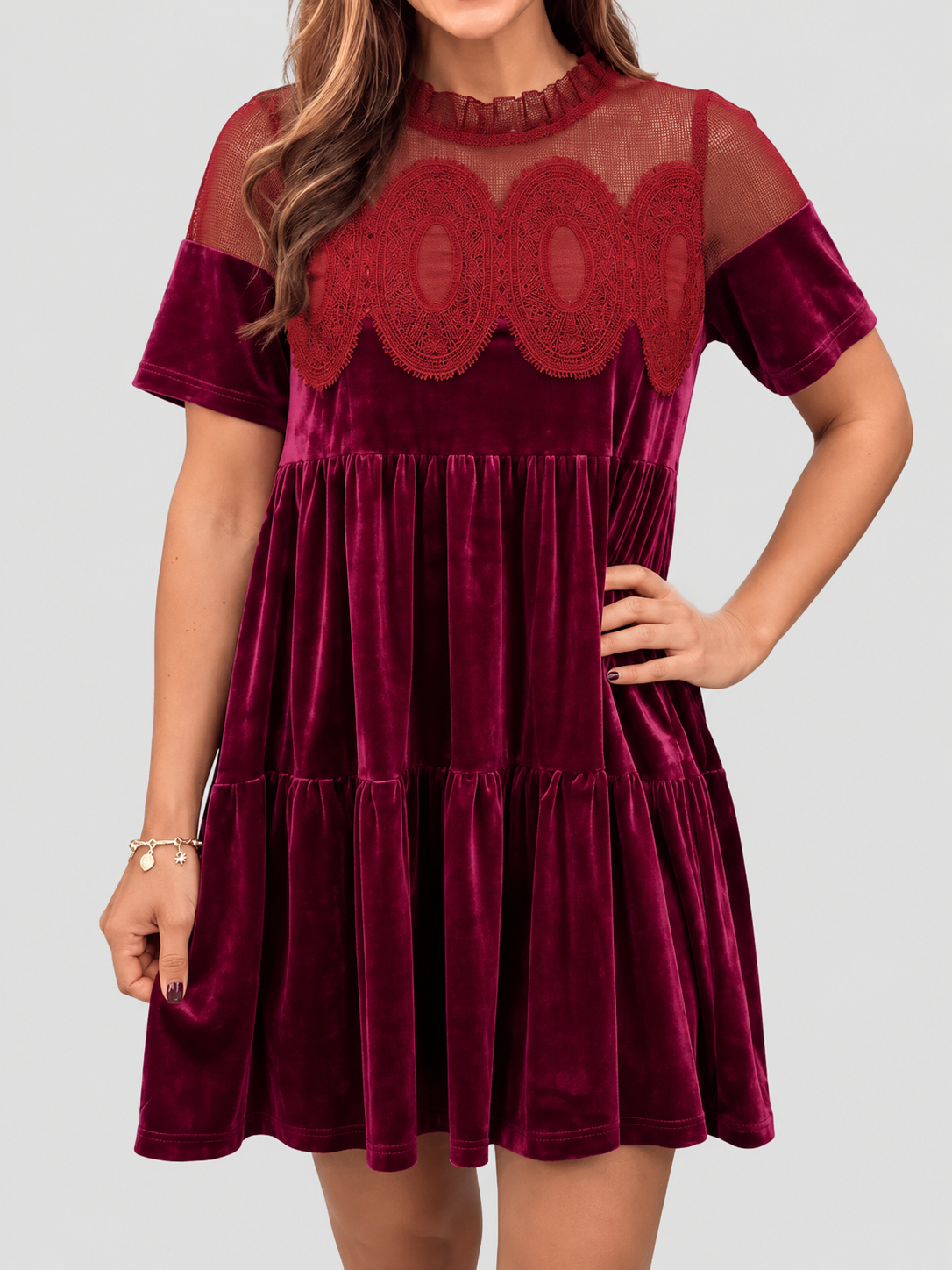 Women's Velvet Lace Babydoll Mini Dress