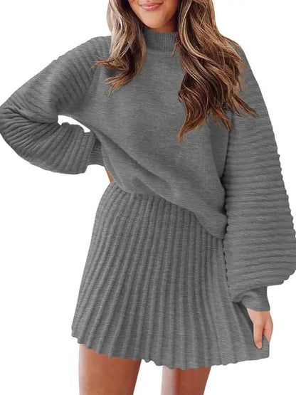 Women Mock Neck Ribbed Sweater & A-line Skirt 2 Piece Set