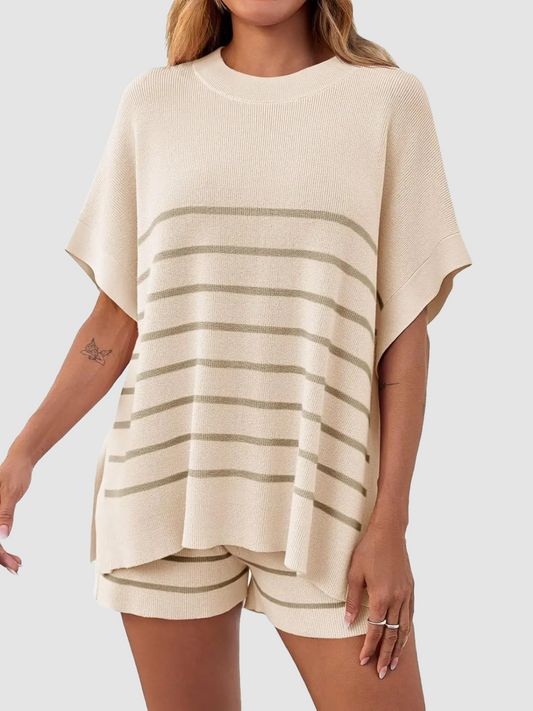 Women's Striped Two-Piece Oversized Batwing Sleeve Short Sleeve Top and Shorts Set