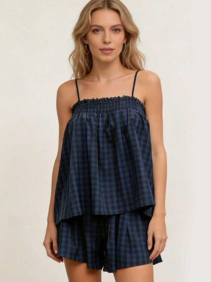 Women's Sleeveless Plaid Cami Tank Tops Wide Leg Shorts Sets