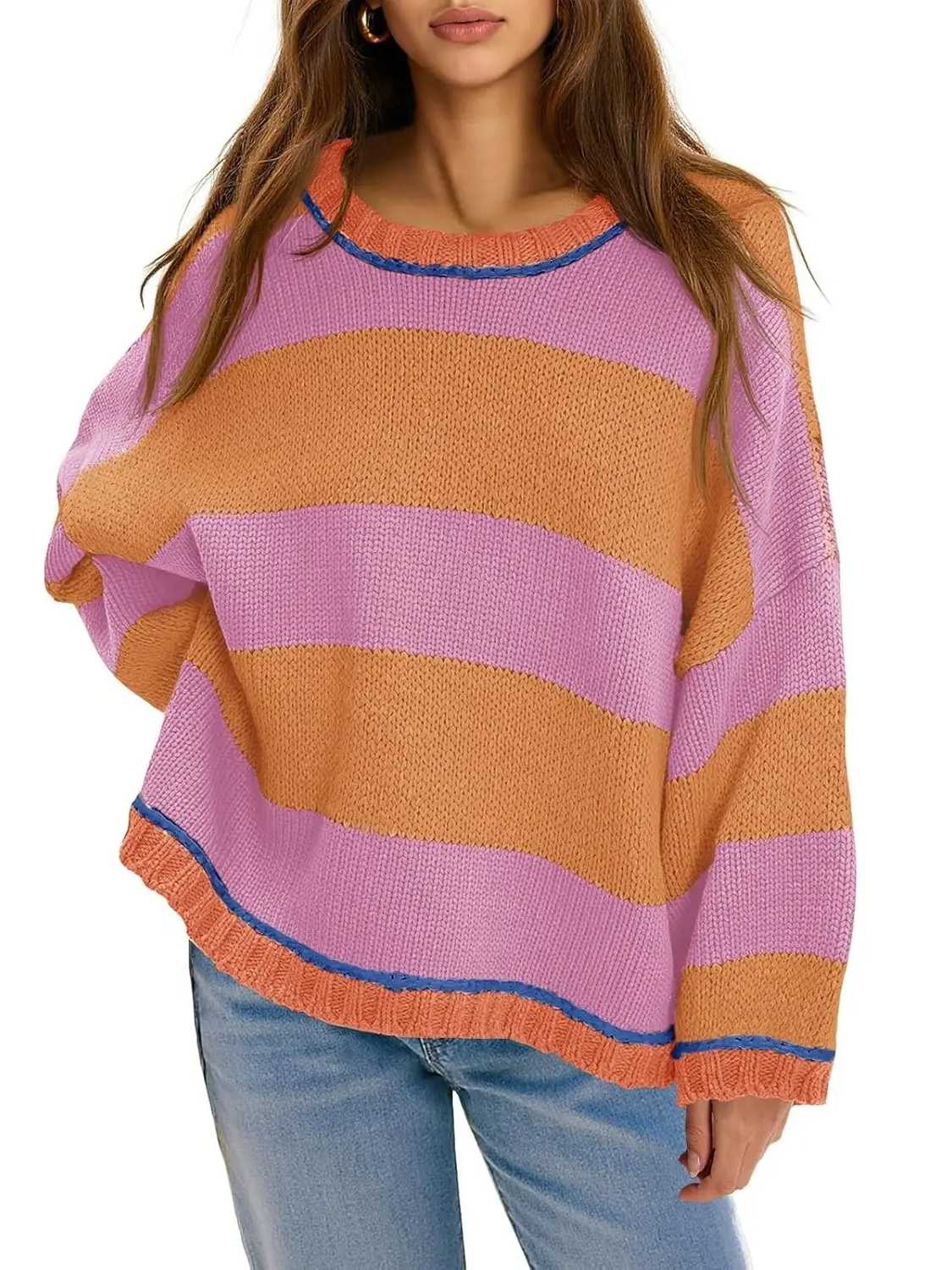 Womens Oversized Color Block Crewneck Knitted Sweaters Tops