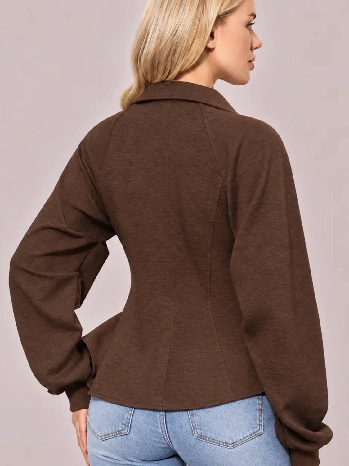 Women's Zip Up Ruched Sleeve Peplum Hem Jacket