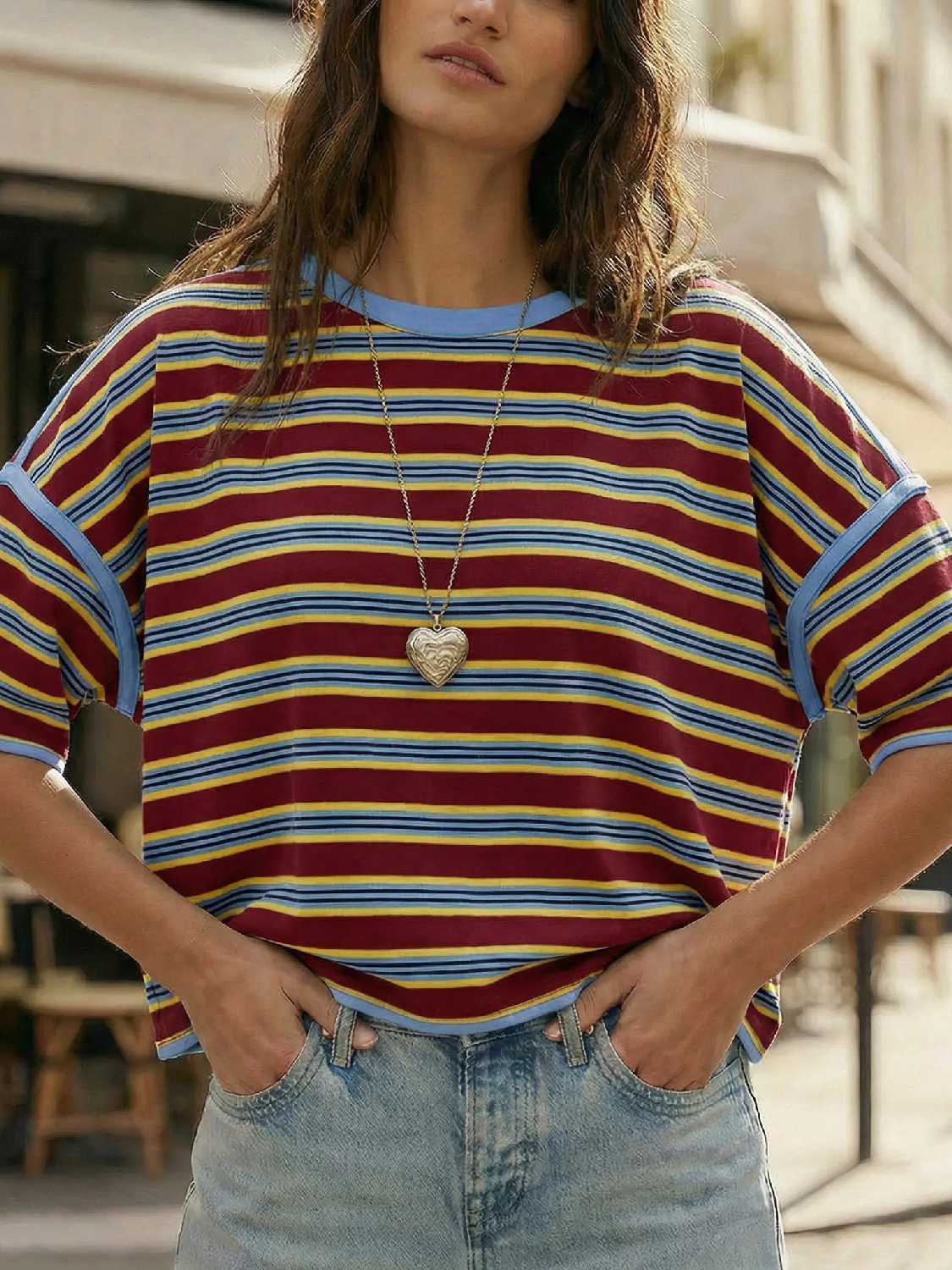 ⏰Hot Sale-Womens Oversized Striped T-Shirts Summer Casual Color