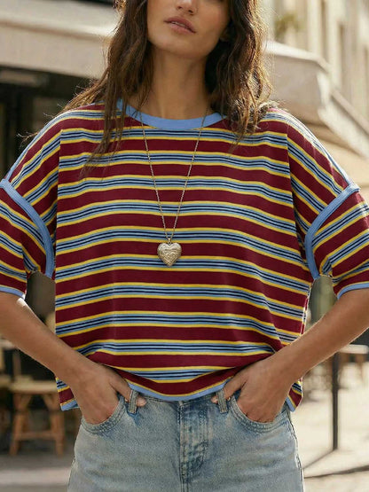 ⏰Hot Sale-Womens Oversized Striped T-Shirts Summer Casual Color