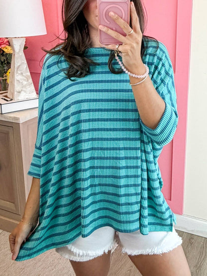 Women's Striped Ribbed Oversized 3/4 Sleeve Top