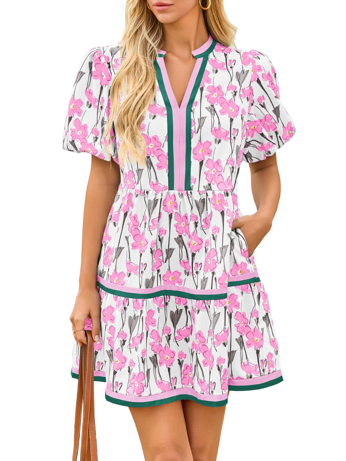 Womens V Neck Short Puff Sleeve Patchwork Floral Mini Dress