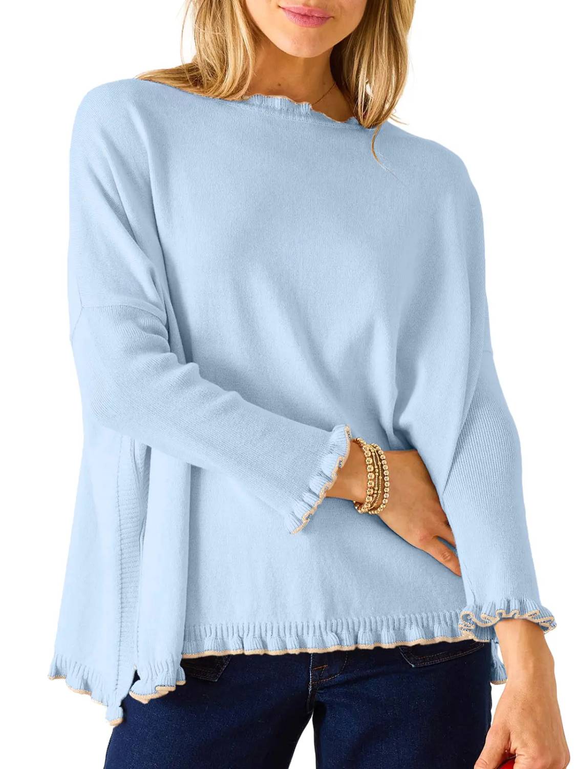 Women's Long Sleeve Contrast Color Ruffle Hem Knit Top