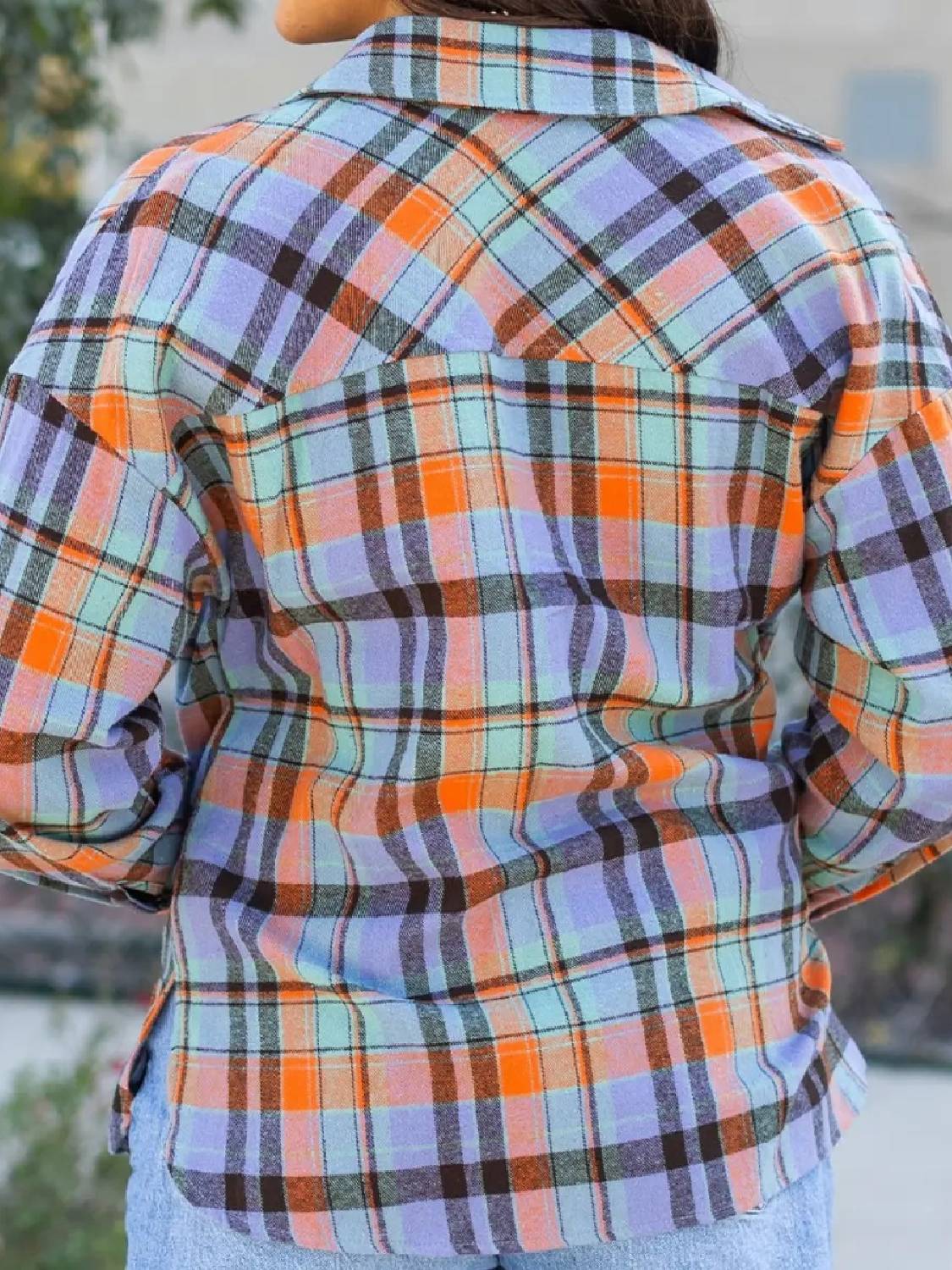 Women Casual Plaid Print Loose Vintage Button Up Cotton Long Sleeve Blouses Tops