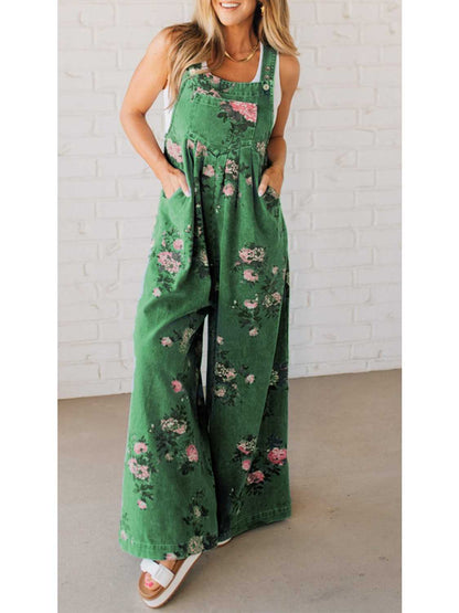 Women's Floral Print Trendy High Waist Wide Leg Denim Jumpsuit