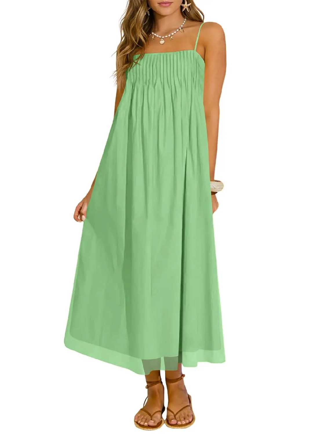 Women's Spaghetti Straps Chiffon Casual Long Dress with Pockets