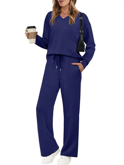 Women V Neck Airport Wide Leg Pants 2 Piece Sets
