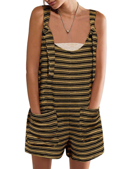 Womens Casual Loose Striped Tied Shorts Overalls Jumpsuit with Pockets