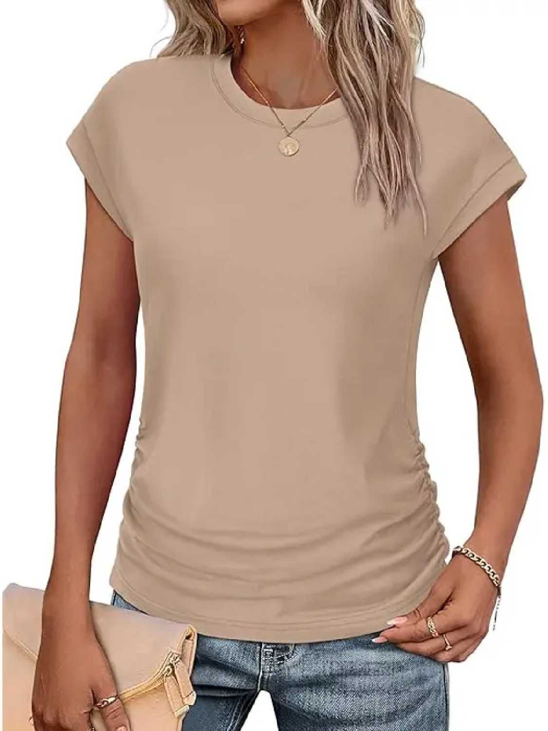 Womens Crew Neck Ruched Cap Short Sleeve Tshirts Shirts