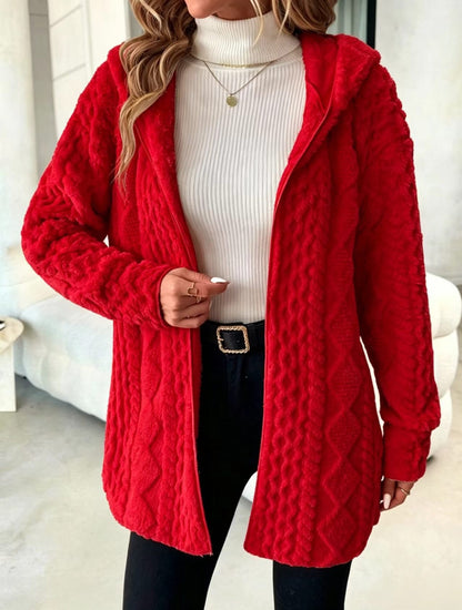 Women's Hooded Cable Texture Fleece Lined Cardigan