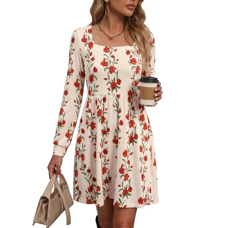Square Neck Long Sleeve Floral Print Dress With Pockets