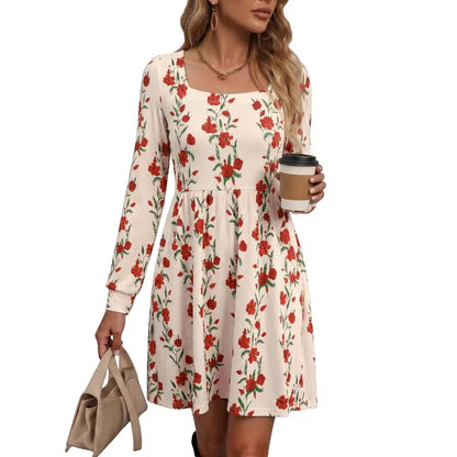 Square Neck Long Sleeve Floral Print Dress With Pockets